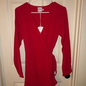 Princess Polly Long Sleeve Red Mini Wrap Tie Dress